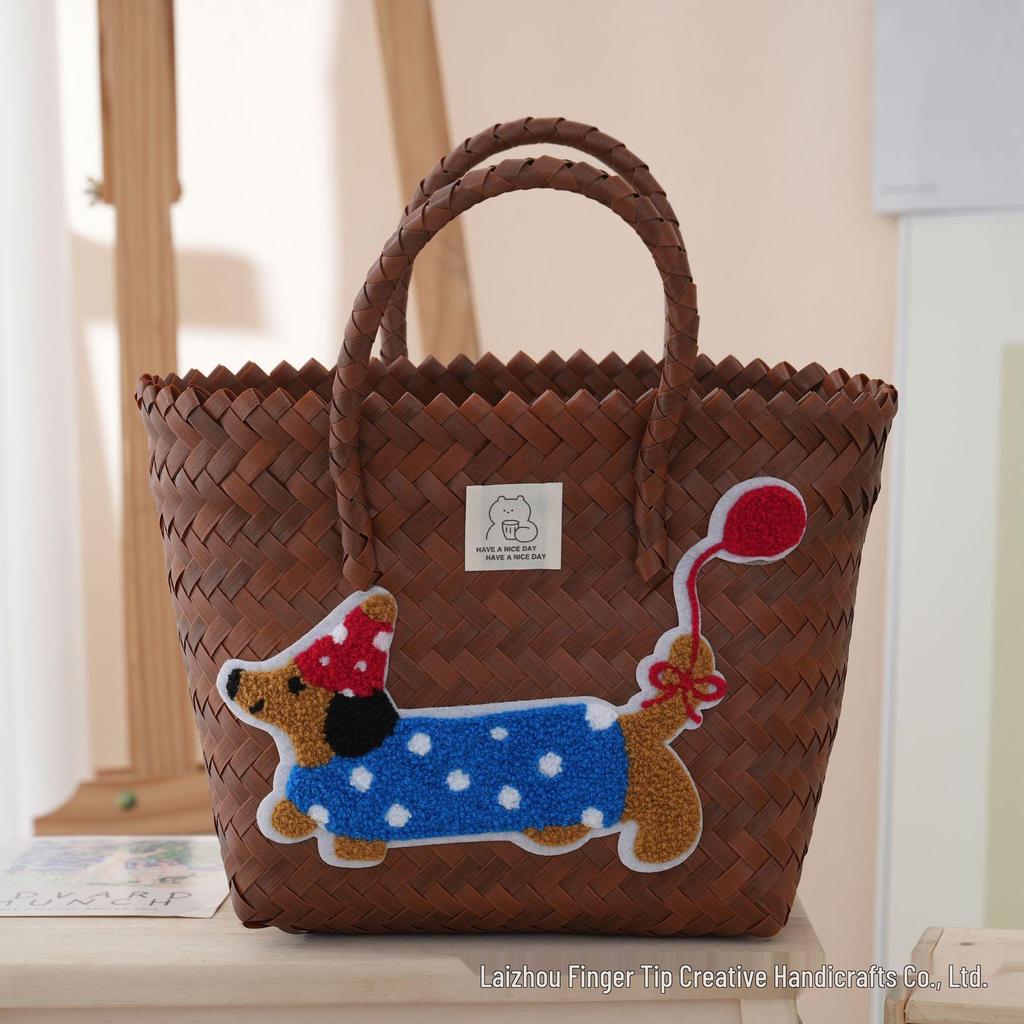 Handmade Dachshund Cartoon Rattan Tote: Woven Vegetable Basket for Work & Commute