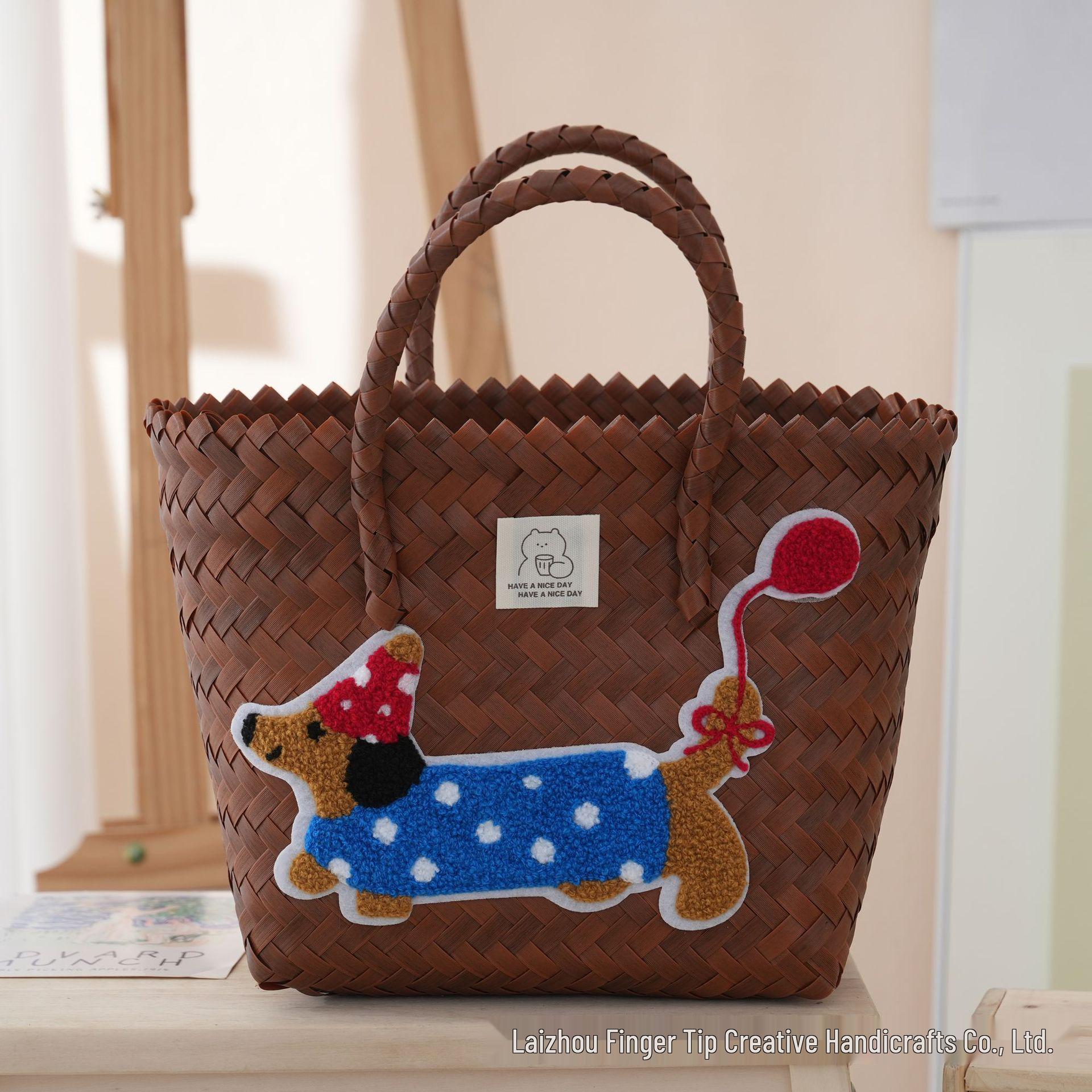 

Ручная работа Мультяшная плетеная сумка-тоут с таксой: Плетеная овощная корзина для работы и поездок