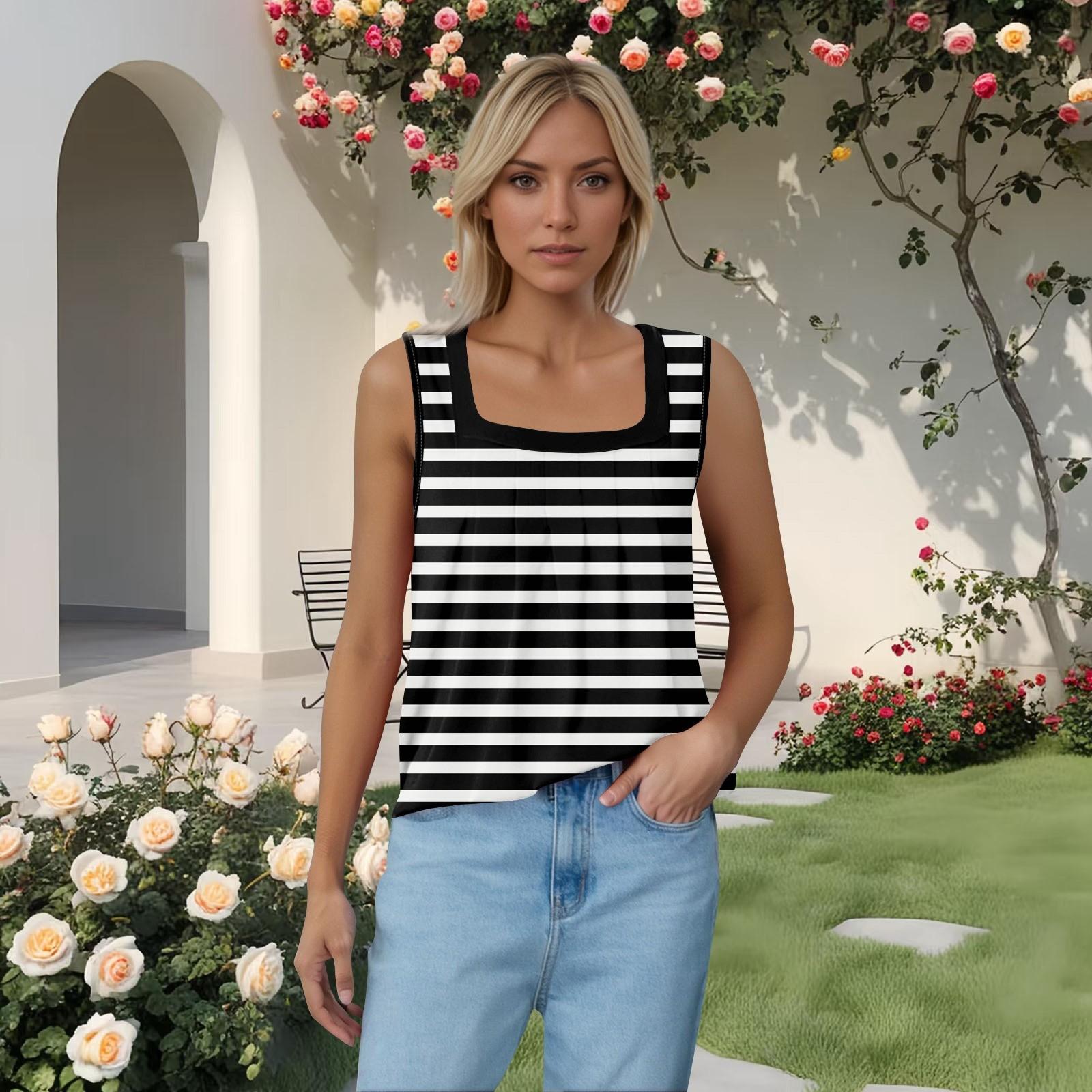 

Жіноча плісирована футболка без рукавів із квадратним коміром і принтом L чорний