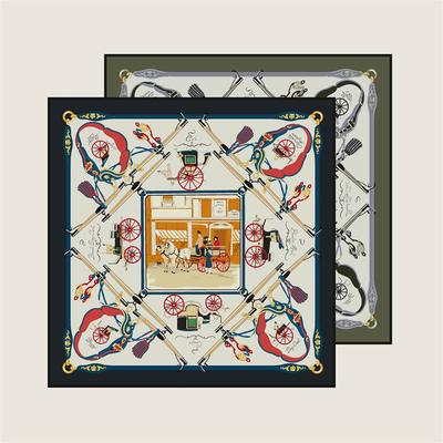POBING Hand Rolled Twill Silk Scarf Women Horse Carriage Double Print Square Scarves Wraps Echarpes Foulards Femme Hijab 90CM