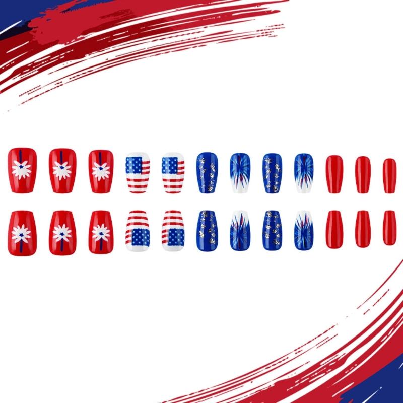 4th of July Press On Nail Square French Tip Fake Nail Independence False Nail with American Flag Star Stick On Nail