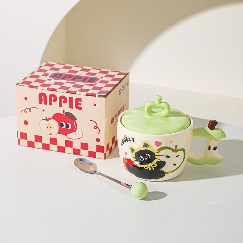 Creative Apple Cat Mug with Lid High Pretty Couple Ceramic Cup Souvenir Gift Cup for Best Friends Breakfast Cup