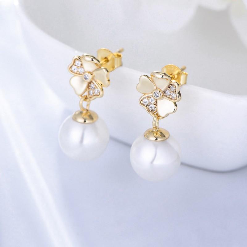 Elegant Floral Stud Earrings With Cubic Zirconia Freshwater Pearl Women Sterling 925 Sterling Silver