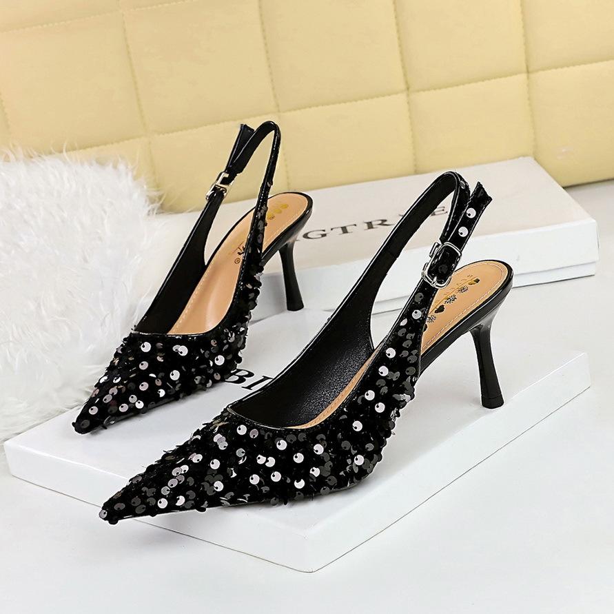 Fashion Fashion Bling Design Heeled Sandals Women Summer Sexy Pointed Toe Hollow Back Strap Thin High Heels Elegant Banquet Women Pumps