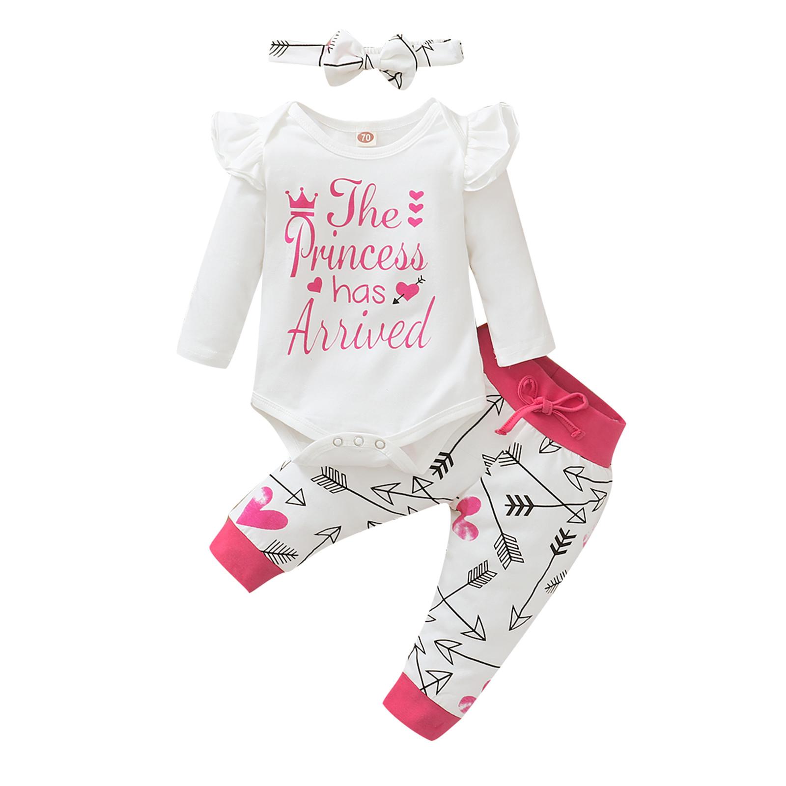 

(SU)Комбинезон с буквенным принтом для новорожденных девочек, топы, брюки, повязки на голову, комплект принцессы, наряды 100 белый