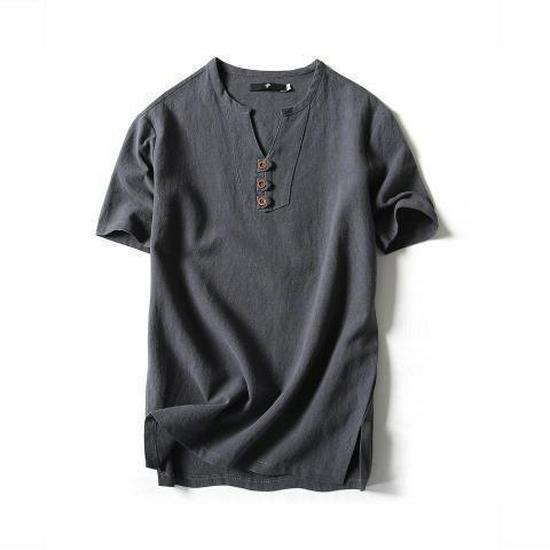 Men's Chinese-Style V-Neck Linen T-Shirt - Short-Sleeved, Solid Color, Summer Cotton Blend