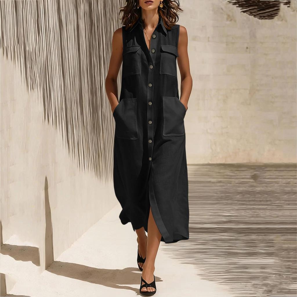 Ärmelloses Maxikleid mit Knopfleiste, Kragen und Taschen, lockere Passform, lässiges langes Kleid für Damen, Sommermode
