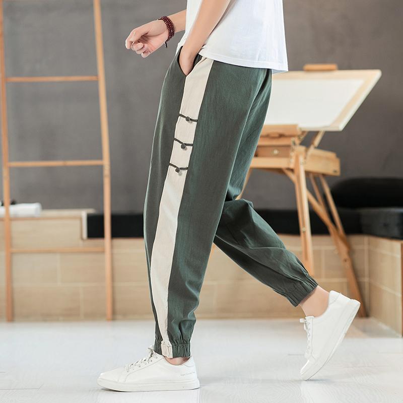 Summer Loose Breathable Chinese Style Cotton Linen Casual Haren Pants Men's Patchwork Pockets Straight Vintage Sports Trousers
