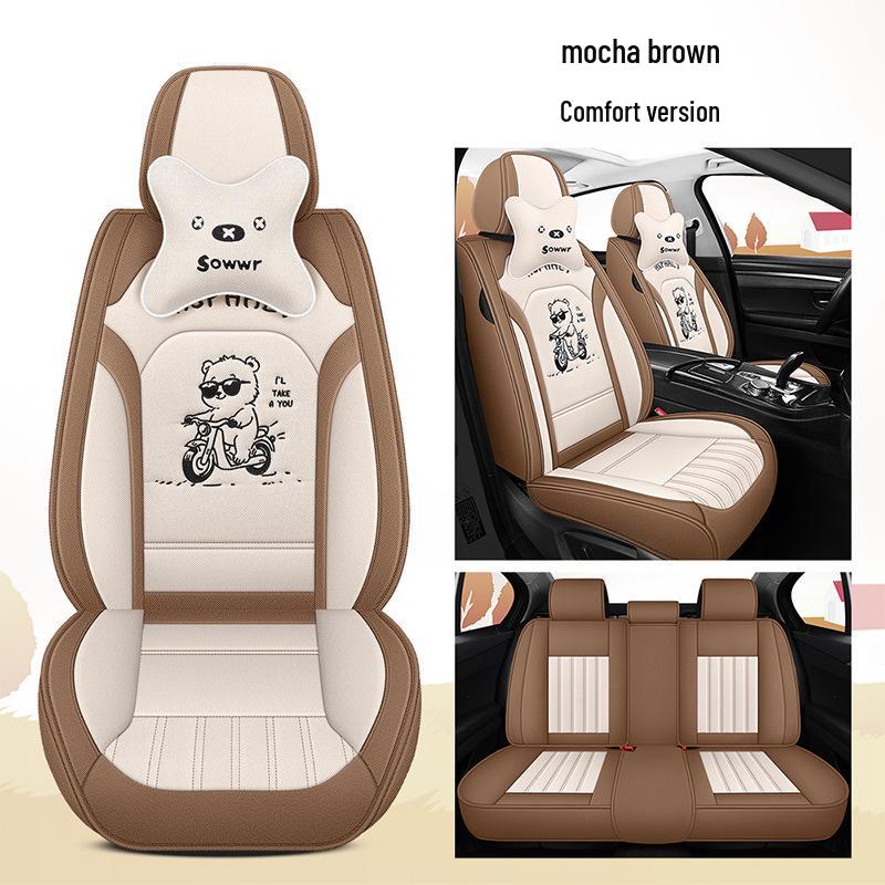 All-Season Linen Car Seat Cover - Breathable, Full Coverage with Cute Cartoon Design for Autumn/Winter