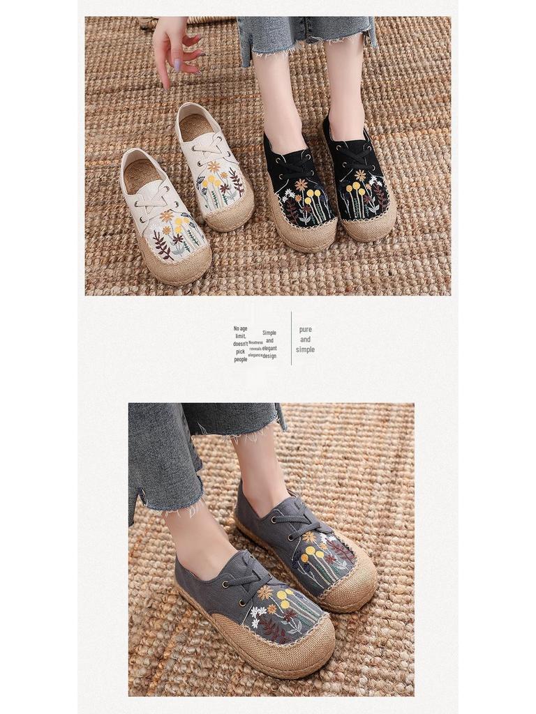 2025 Damskie lniane buty sznurowane w stylu etnicznym z haftem dmuchawca i ręcznie szytą cholewką