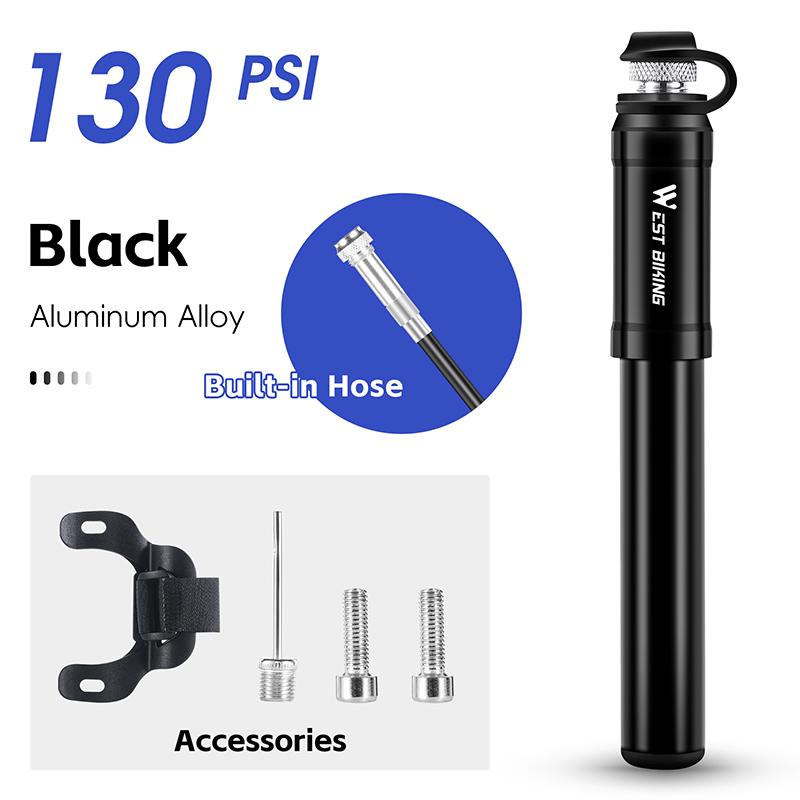 WEST BIKING Portable Bicycle Pump 130PSI High Pressure With Hose Presta Schrader Valve Aluminum Alloy MTB Road Bike Tire Pump 0711136 Black