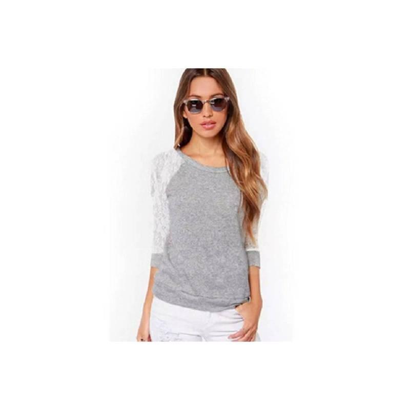 Trim Grey Lace Crew Neck Fitted Tshirt Blended Fabric Hoodie Women Sleeve Long