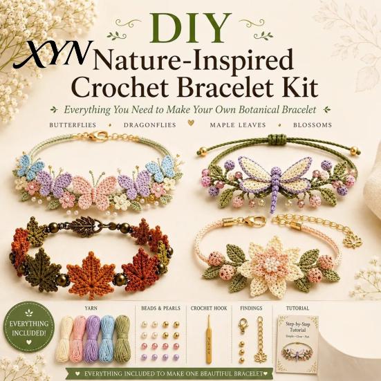 Artistic Bracelet DIY Nature-Inspired Crochet Kit, 3D Animals Plants Hand-Crocheted Handmade Kit Flower Maple Dragonfly Butterfly Jewelry Making Set,