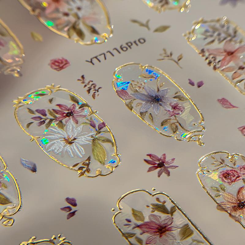 5D Embossed Flower Nail Art Stickers Glitter Laser Petal Self Adhesive Nail Slider Decals Decorations Accessories Diy