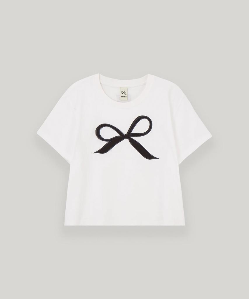 UBEIGE Ribbon Semi-Crop Short Sleeve T-Shirt (White)