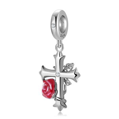 Red Rose Cross Pendant 925 Sterling Silver Jewelry Making Design Charm Beads for Women Bracelet Necklace