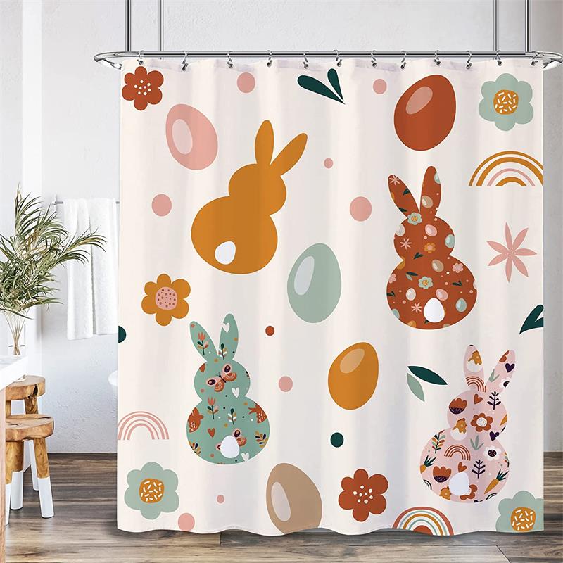 

Spring Easter Bunny Shower Curtains Leaves Wildflower Watercolor Floral Rabbit Rustic Farmhouse Bathtub Bathroom Curtain Decor 90x180cm-35x70in