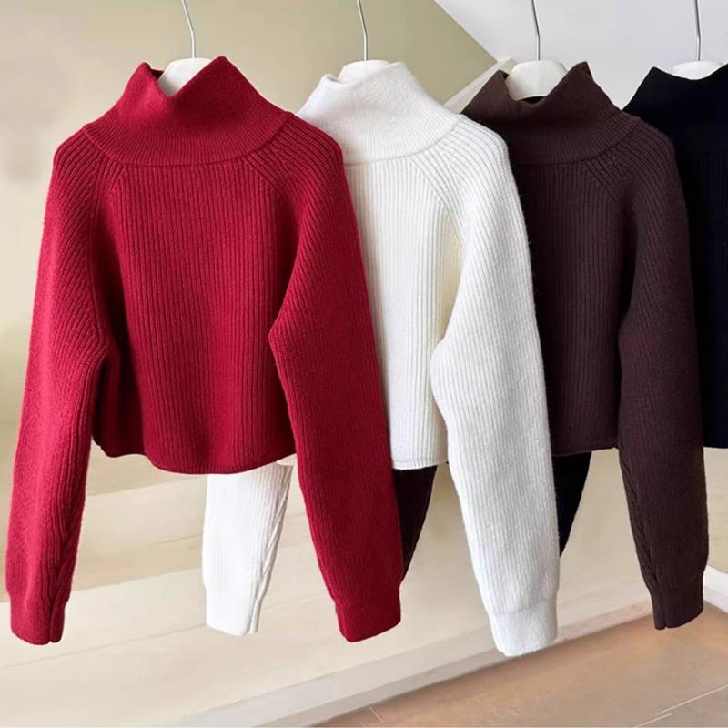 Design Sense Half-turtleneck Ladies Zipper Red Sweater, Spring and Autumn New High-waisted Sweater Loose and Thickened 6974#