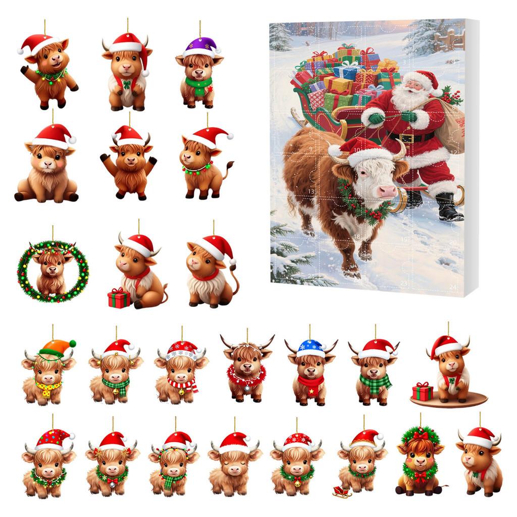 Christmas 24day Advent Calendar With Acrylic Cow Ornament For Holiday Gift Giving