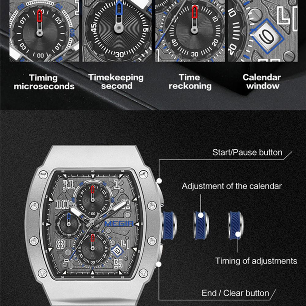 Megir Mode Sportuhren für Herren Edelstahlgehäuse Wasserdicht Leuchtend Militär Quarz Chronograph Automatisches Datum Reloj Hombre 8411