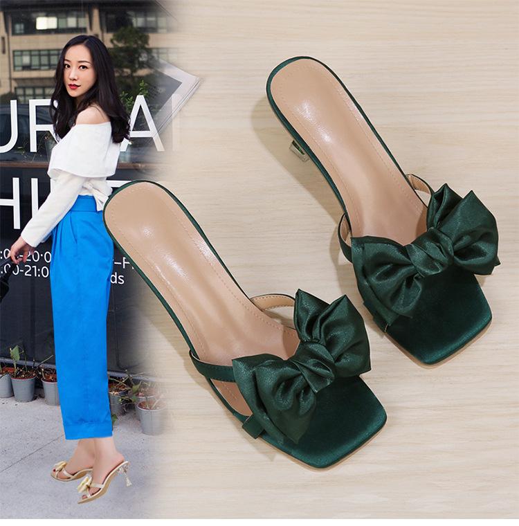 Bow Tie Slim Heels square Toe High Heels Women's Summer Outerwear Fashion Women's Sandals and slippers