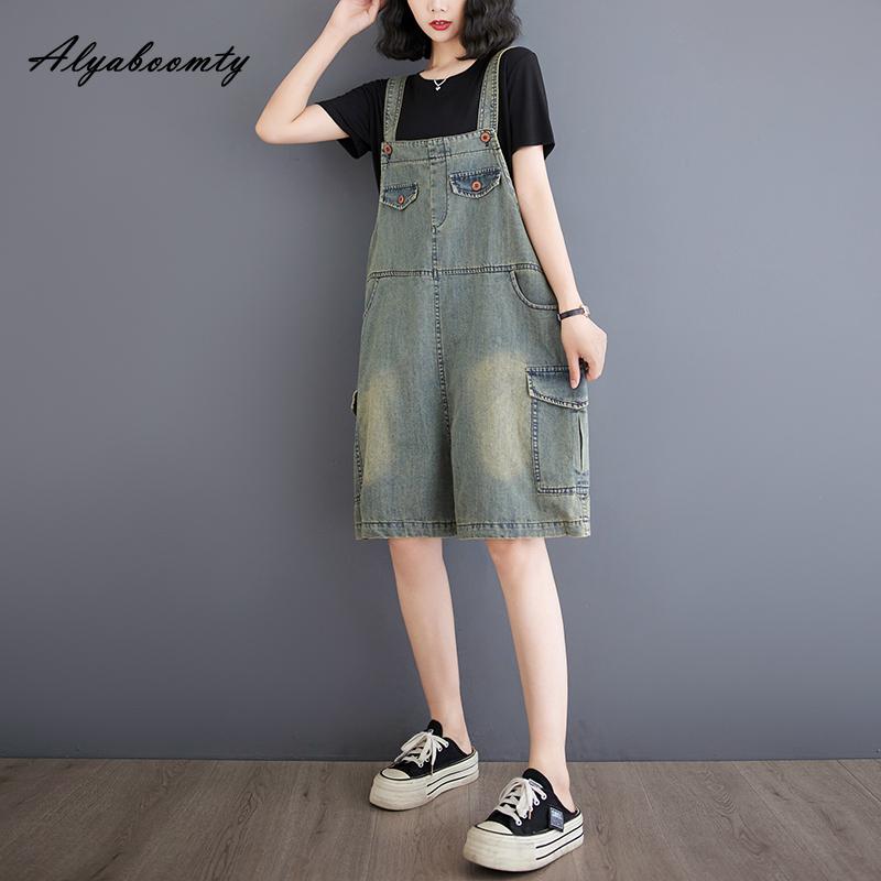 Summer Women Streetwear Light Blue Denim Overalls Washed Cotton Solid Casual Loose Playsuits Vintage Thin Wide Leg Shorts Rompers