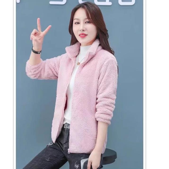 Autumn and Winter Coat Women's Fleece Short Loose Large Size Warm Sports Outdoor Stand-up Collar Coral Fleece Cardigan Sweater Women