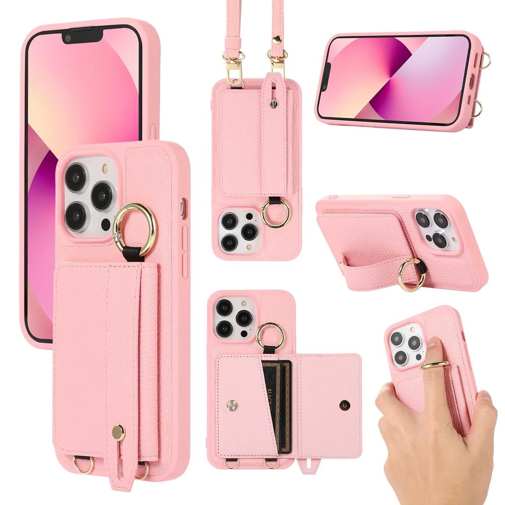 Wristband Wallet Cards Solt Crossbody Leather Case For iPhone 15 16 Pro Max 14 Plus 13 12 11 Ring Holder Lanyard Bag Pouch Cover