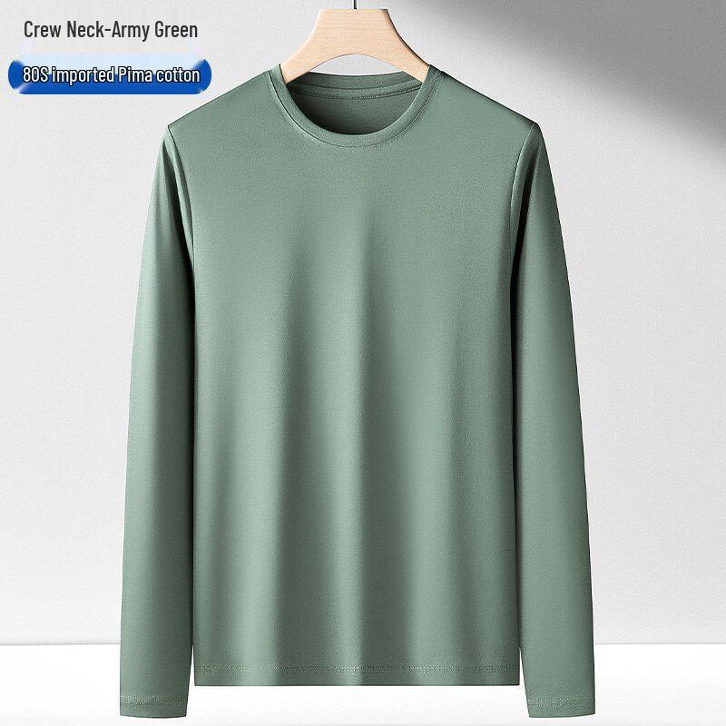 Men's 175g Pima Cotton Long-Sleeved Crew Neck T-Shirt, Solid Color, 80 Count, Versatile Casual Base Layer