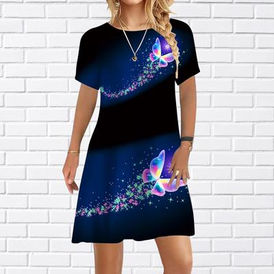 Women Casual Dress Summer Dark Blue Butterfly Print Dresses For Women O-neck Short Sleeve Dress Plus Size