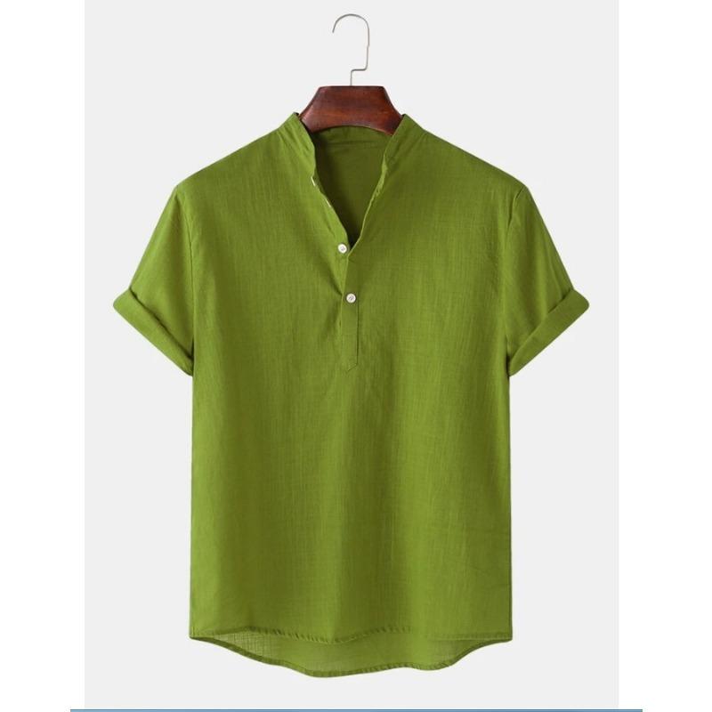 Summer Men's Cotton Linen Breathable Solid Color Short Sleeved Henry Shirt Polo Shirts Men’s