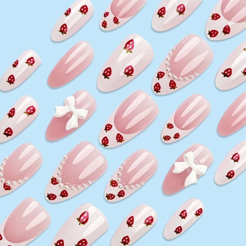24pcs Short Almond False Nail Acrylic Artificial Nail Full Cover Stick On Nail with 3D Bows and Strawberry Designs