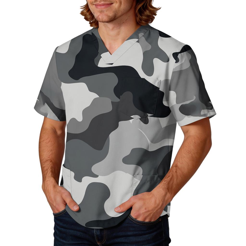 Mens Short Sleeve V Neck Scrub Top Camouflage Printed Pullover Uniform Shirt with Chest Pocket for