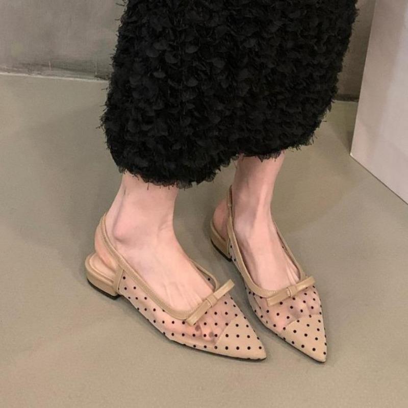 Hot Selling 2025 Low Heel Bow Baotou Sandal Summer Mesh Breathable Polka Dot Single Shoe Pointed Toe Wear Sandales Women's Shoes