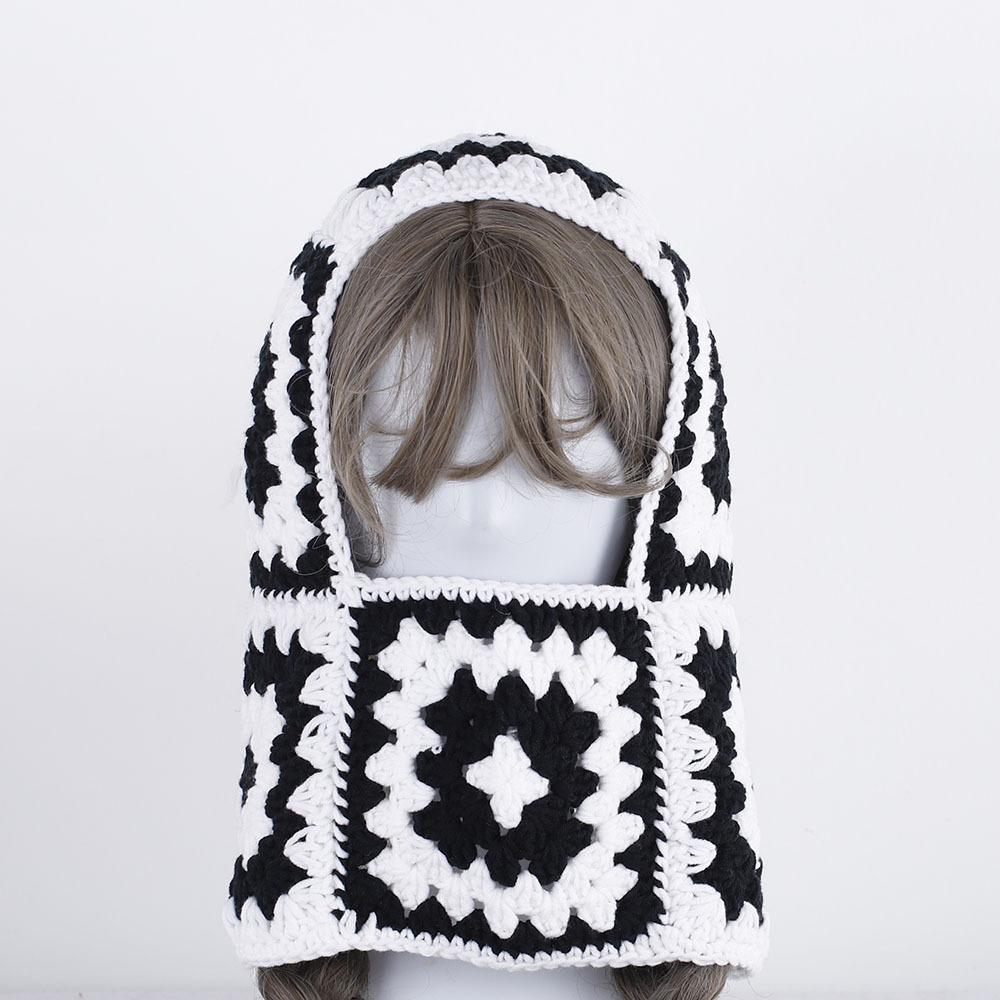 Fashion Designer Halloween Crochet Granny Square Balaclava Hat Women Winter Handmade Hollow Knit Hoodie Beanie Ski Mask