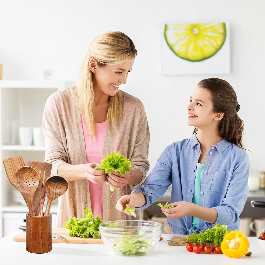 Wooden Spoons for Cooking,10 Pcs Natural Teak Wooden Kitchen Utensils Set Wooden Utensils for Cooking Wooden Cooking Utensils Wooden Spatulas for