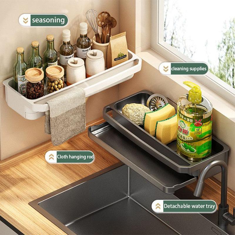 Kitchen Faucet Storage Rack Adjustable Hole-free Drain Rack With Drain Tray Sink Rack Wall-mounted Sponge Storage Shelf