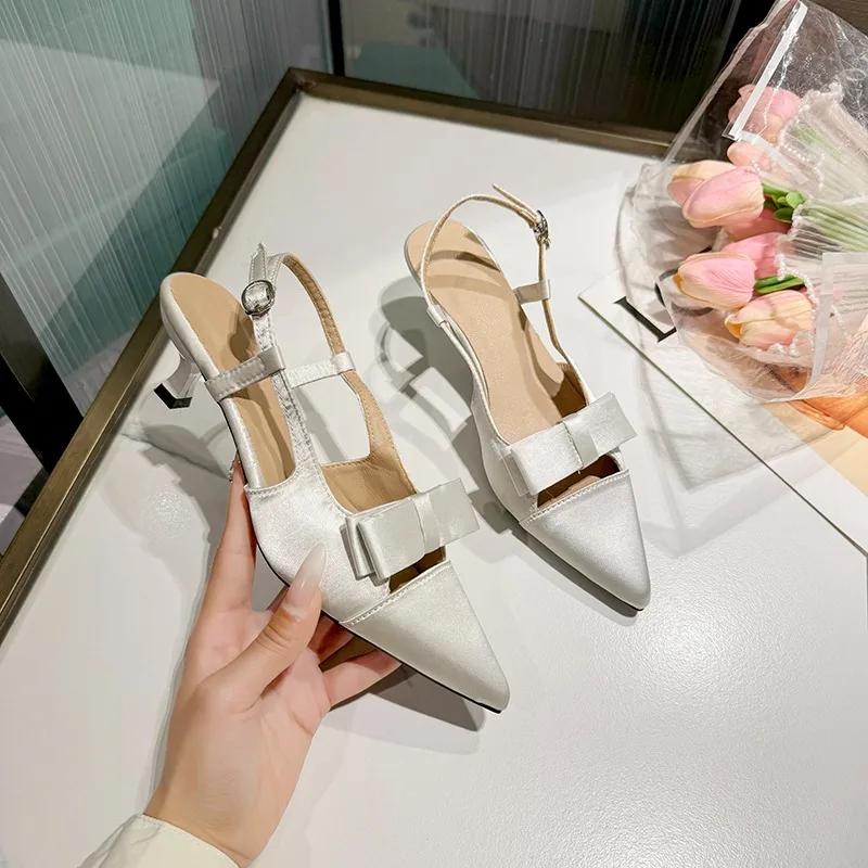 Fashion Pointy Head Shallow Mouth Butterfly Knot Stiletto Sandals Women Fashion Bun Head Line with Anti-slip Wear-resistant High Heels