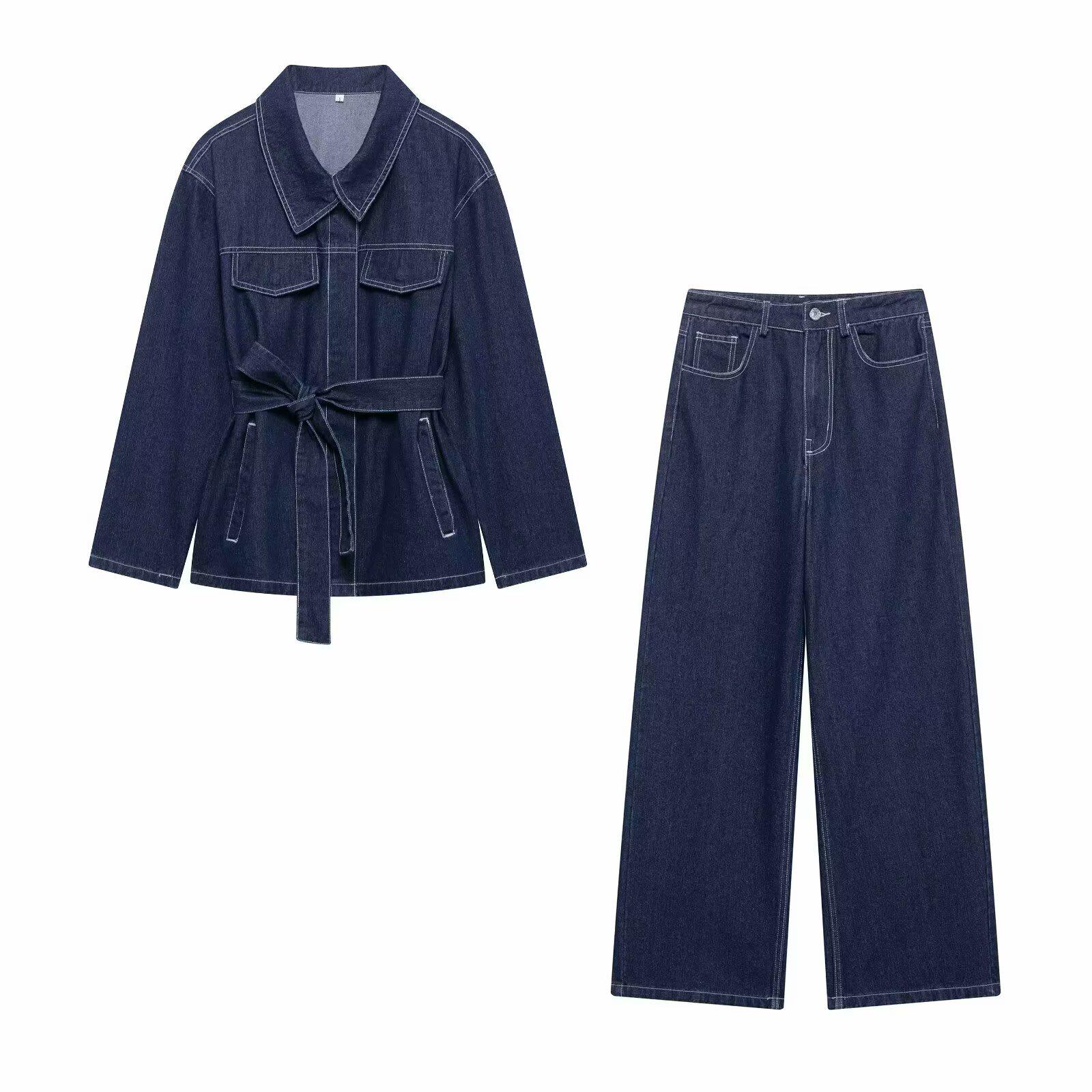 

2025 Spring Women s Belted Denim Jacket & Straight-Leg Pants Set Extra Small