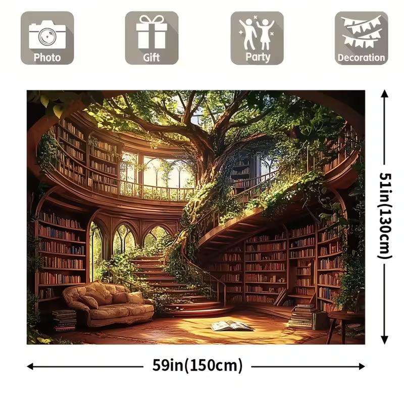 2D Vintage Fantasy Library Backdrop with Growing Tree & Bookshelves
