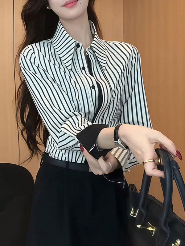 2026 Early Spring Women's Long Sleeve Vertical Stripe Retro Hong Kong Style Layering Shirt