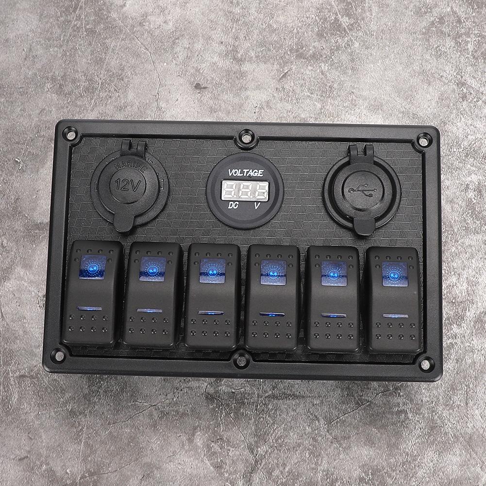 12V‑24V 6 Gang Rocker Switch Panel with Cigarette Lighter Socket 2 USB Voltmeter Display for Car Boat Truck RV