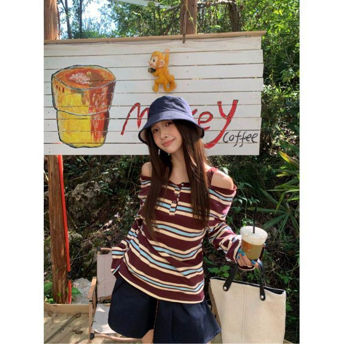 2025 Fall Chic Retro Striped One-Shoulder Long-Sleeve Women s Slimming Top Large