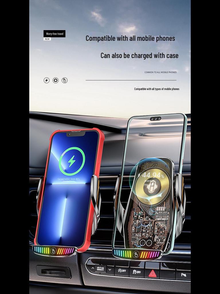66W Magnetic Wireless Car Charger with Auto-Clamping Phone Holder and LED Light