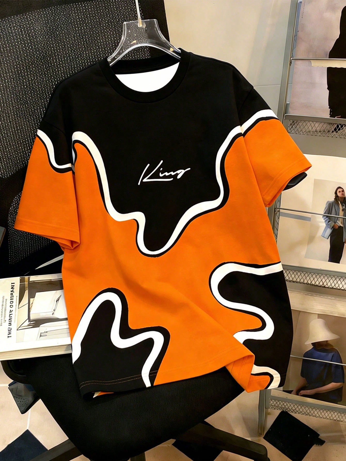 Men s Contrast Color Print Round Neck Loose Short Sleeve T-Shirt S
