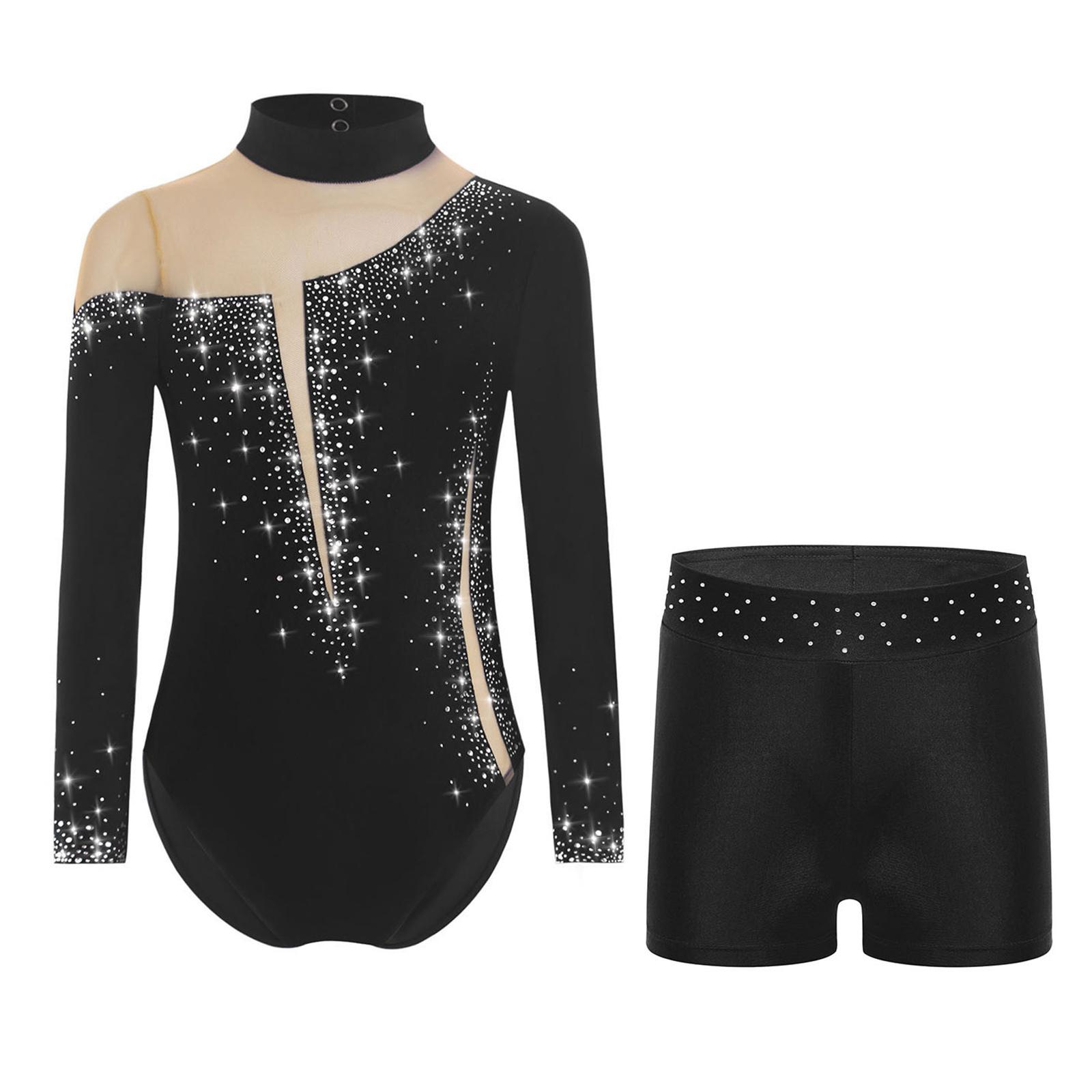 

Girls Sparkly Rhinestones Leotard Long Sleeve Mesh Patchwork Bodysuit Gymnastics Shorts Set 5-6 Years чорний