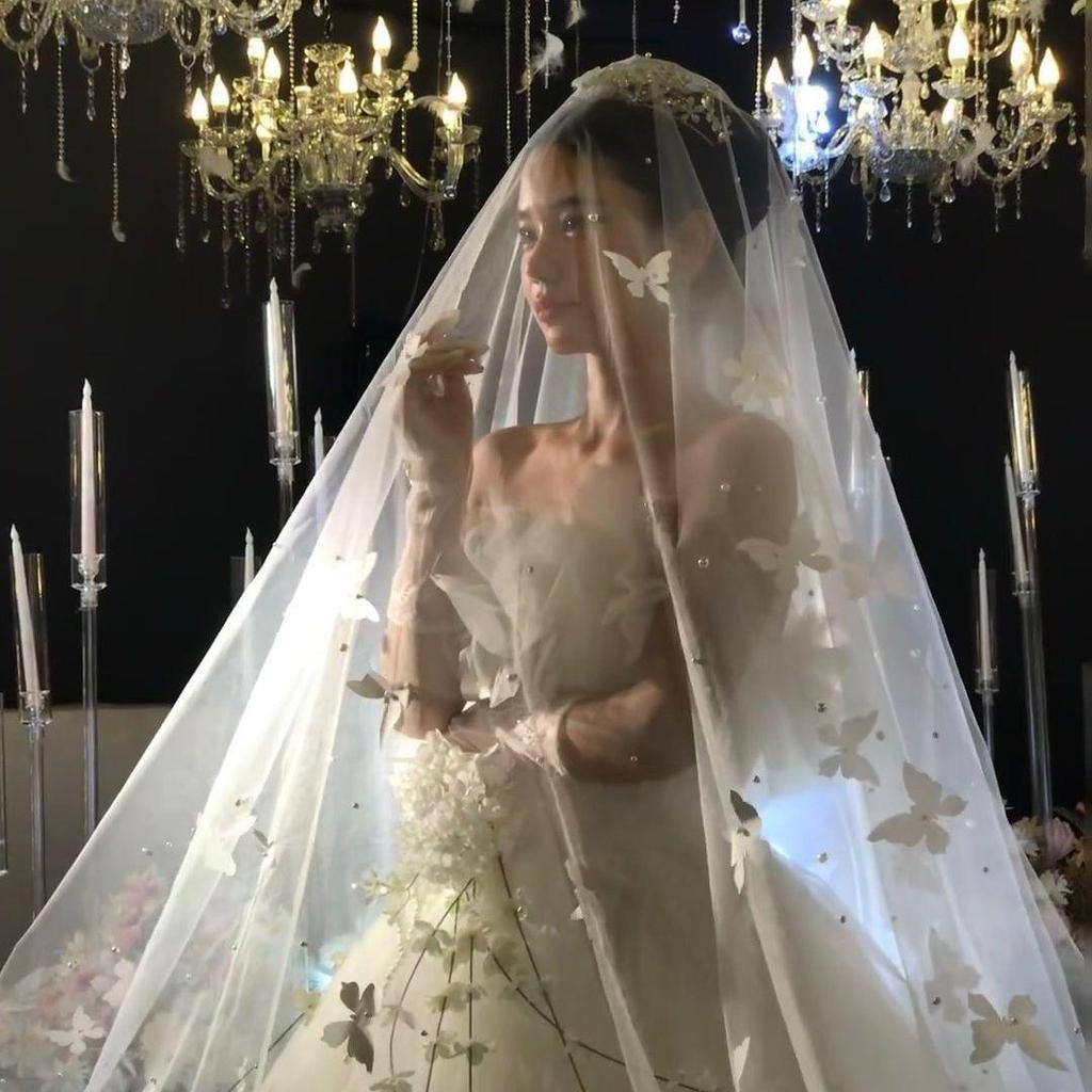 Mori Style Wedding Dress with 3D Butterfly Veil, Elegant Pearl Headpiece, and Soft Yarn Fishtail Train