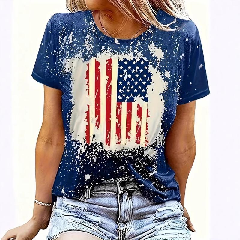 

Летние женские патриотические ретро-футболки с выбеленным принтом и национальным флагом, свободные повседневные футболки с круглым вырезом и короткими рукавами для женщин 6XL синий