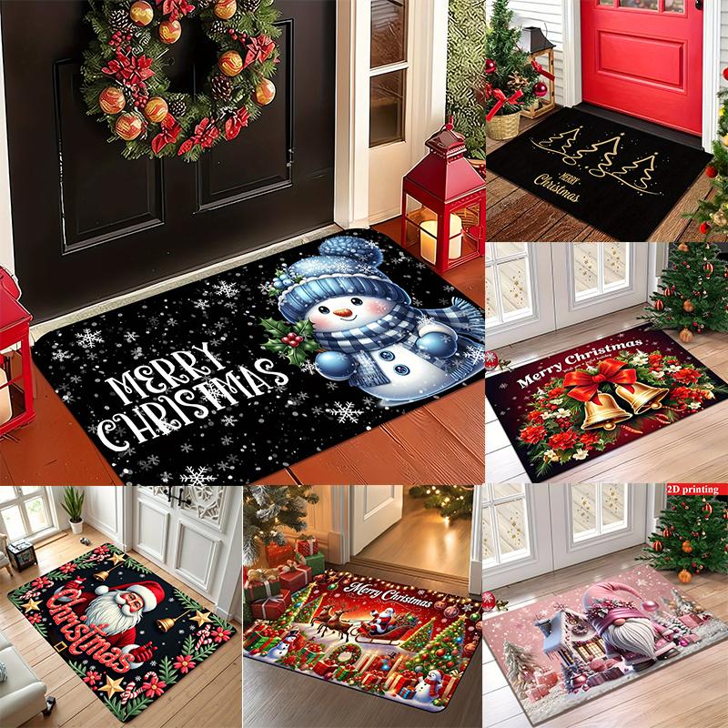 Merry Christmas Entrance Doormat Santa Sleigh Reindeer Snowman Gift Boxes Xmas Tree Graphic Rug Holiday Entry Decor Mat