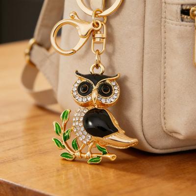 Owl-Shaped Keychain with Enamel Accents Sparkling Rhinestone Car Key Ring for Women Wisdom Symbol Pendant for Bags Keys